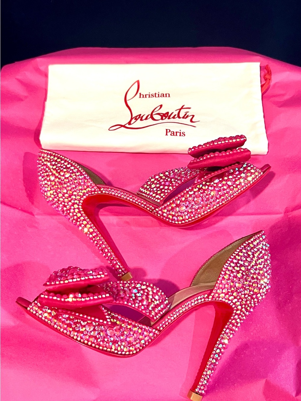 Christian Louboutin Swarovski Crystal Strass Ribbon Bow Heels Magenta Pink 36
